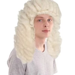 HPO Men Colonial Judge Wavy Curly Long White Wig | Premium Breathable Capless Cap Men's