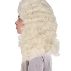 HPO Men Colonial Judge Wavy Curly Long White Wig | Premium Breathable Capless Cap Men's
