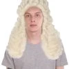 HPO Men Colonial Judge Wavy Curly Long White Wig | Premium Breathable Capless Cap Men's