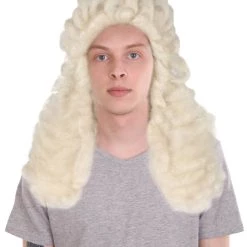 HPO Men Colonial Judge Wavy Curly Long White Wig | Premium Breathable Capless Cap Men's