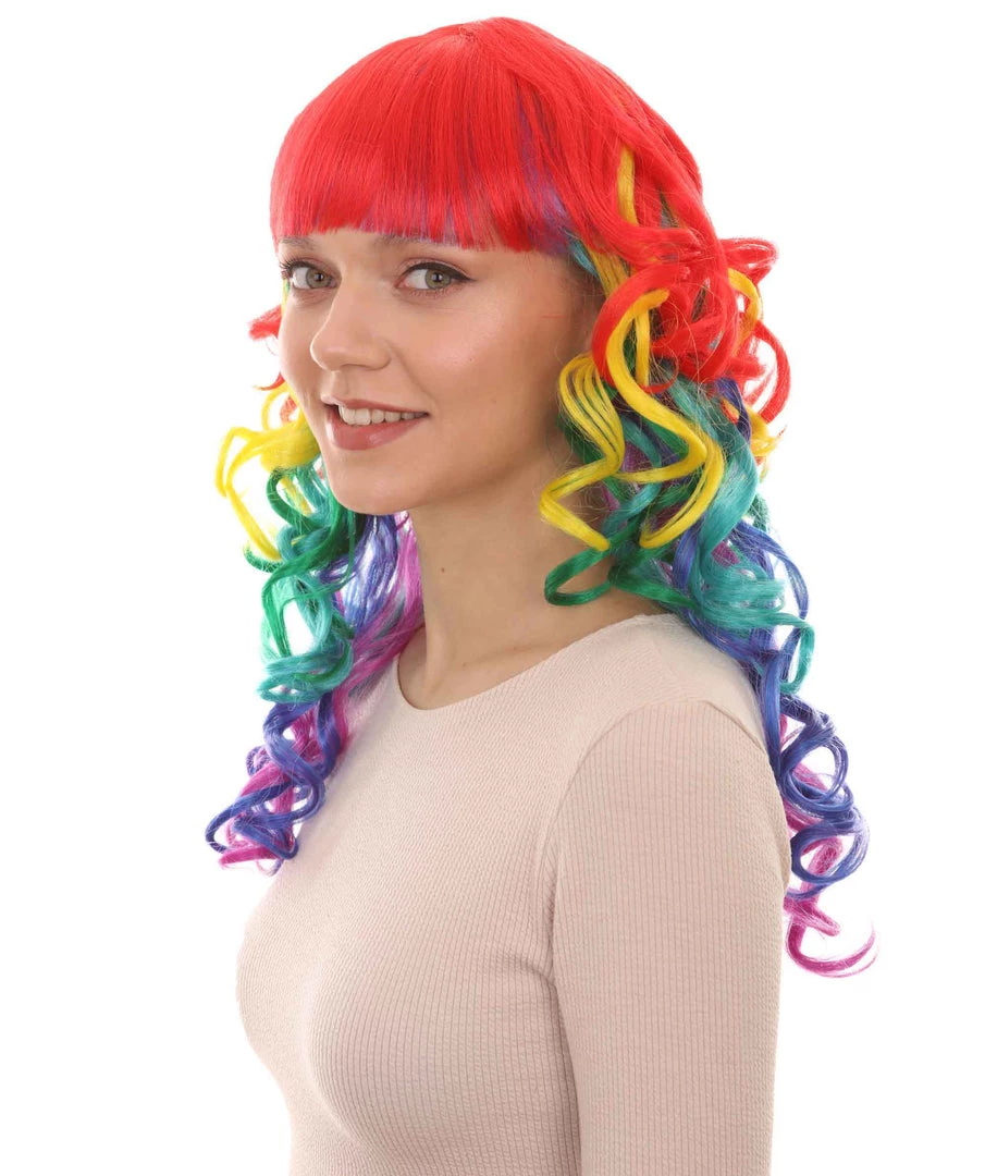HPO Womens Rainbow Long Curly Colorful Wig | Clown Rainbow Wigs | Premium Breathable Capless Cap
