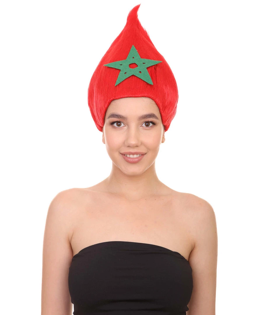 FLAGWIGS Women's Morocco Flag Sport Troll Wig | Red Cosplay Wig | Premium Breathable Capless Cap