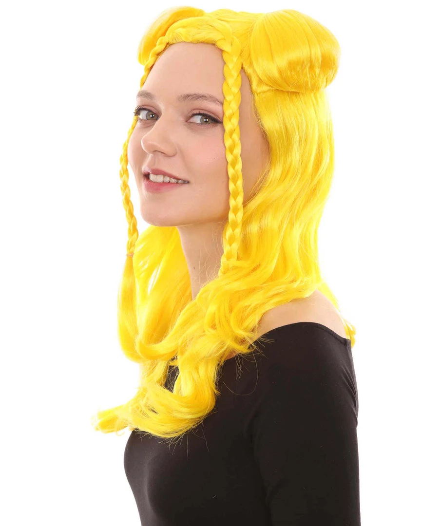 HPO Womens Long Braided Bun Wig | Bright Yellow Wig | Premium Breathable Capless Cap
