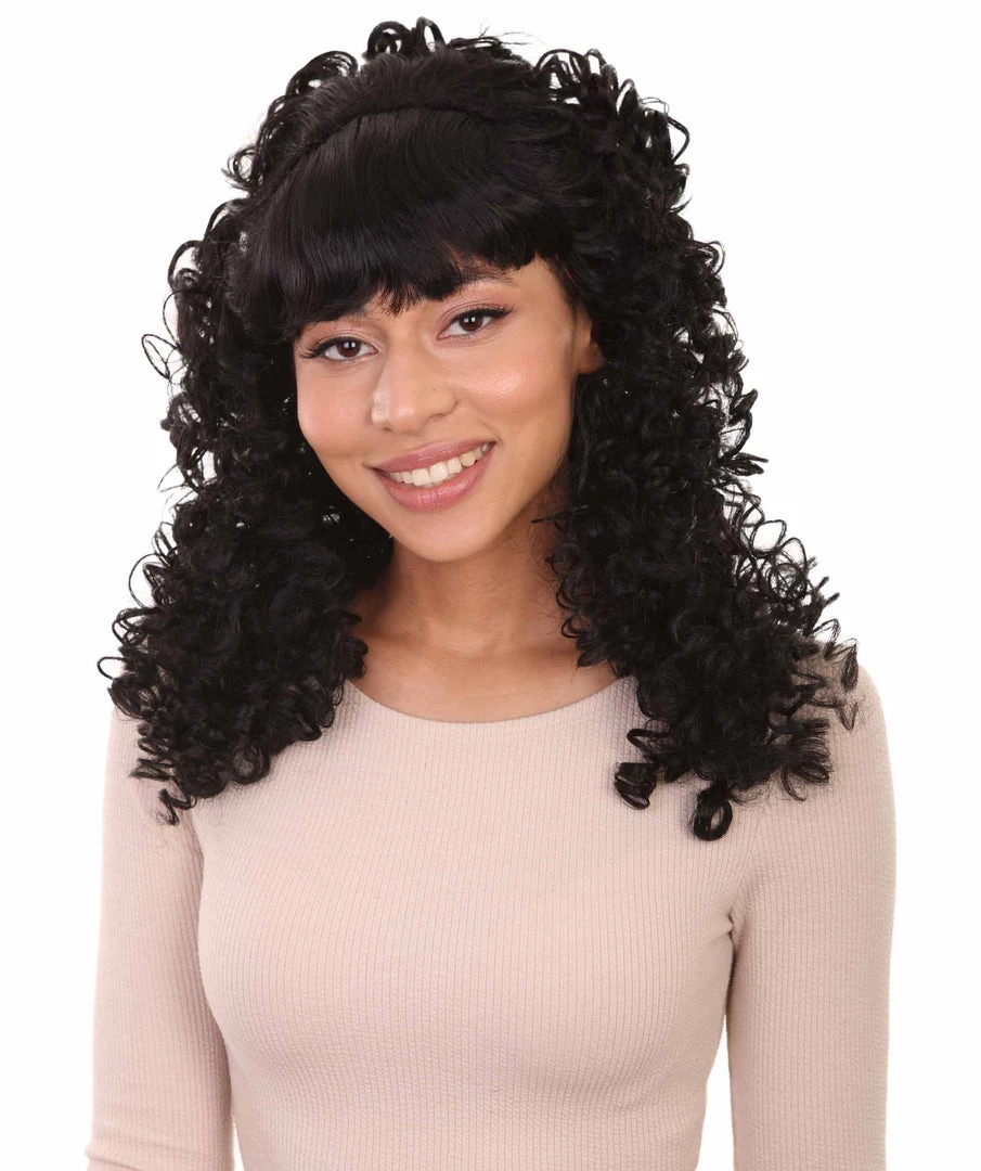 HPO Women's Womens 18th Century Colonial Lady Curly Black Historical Wig | Premium Breathable Capless Cap