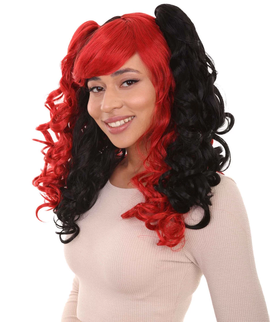 HPO Black And Red Jester Womens Wig | Long Curly Cosplay Halloween Wig | Premium Breathable Capless Cap Women's