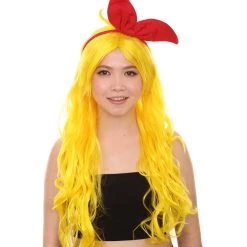 HPO Womens Manga Wig With Red Bow Set | Yellow TV/Movie Wigs | Premium Breathable Capless Cap