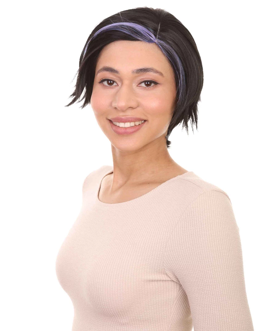 HPO Animation Hero Womens Wig | Short Black Purple TV/Movie Wig | Premium Breathable Capless Cap