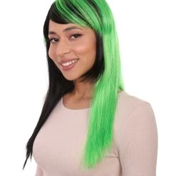 HPO Hard Rockin Witch Black Green Womens Wig | Gothic Fancy Halloween Wig | Premium Breathable Capless Cap Women's