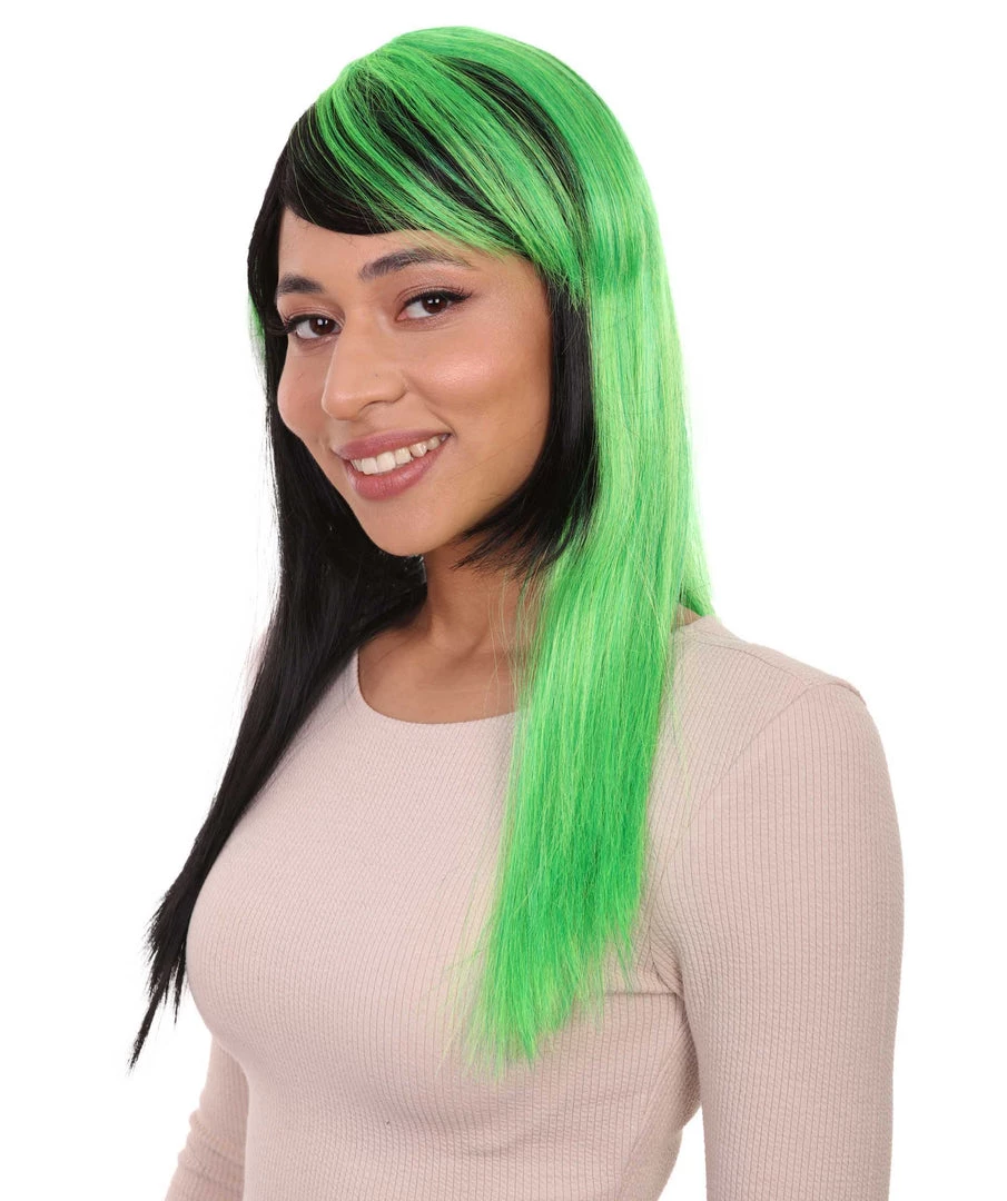 HPO Hard Rockin Witch Black Green Womens Wig | Gothic Fancy Halloween Wig | Premium Breathable Capless Cap Women's