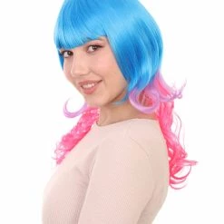 HPO Women's Long Curly Party Blue & Pink Womens Wig | Stage Event Party Ready Colorful Wig | Premium Breathable Capless Cap
