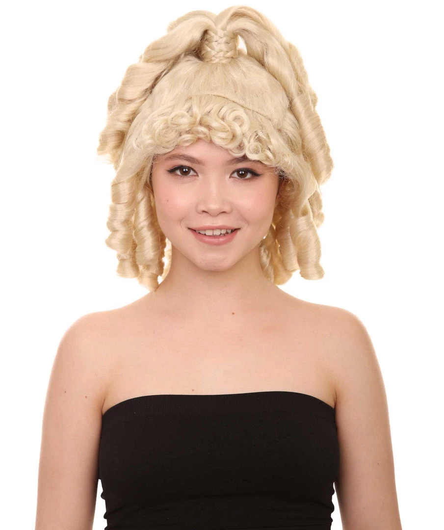 HPO Women's Womens 18th Century Colonial Lady Curly Blonde Historical Wig | Premium Breathable Capless Cap