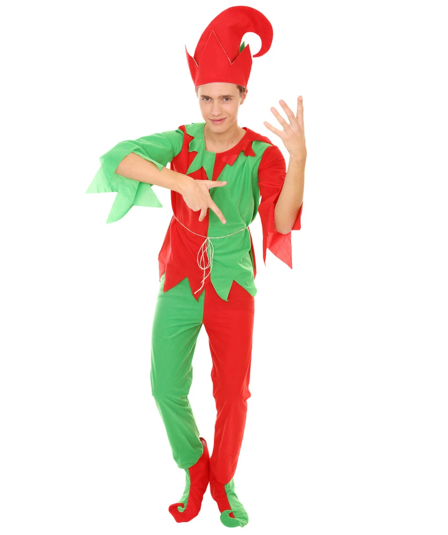 HPO Adult Men's Elf Christmas Costume | Red And Green Halloween Costume