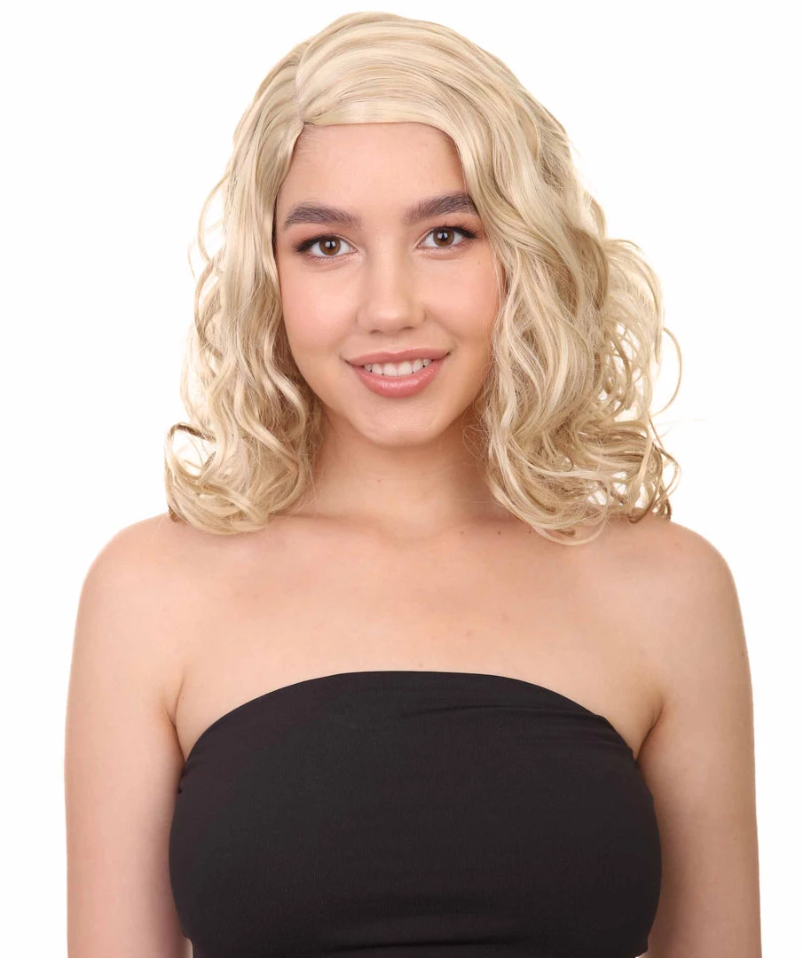 HPO Blonde Curly Womens Wig | Glomour Station Cosplay Halloween Wig | Premium Breathable Capless Cap