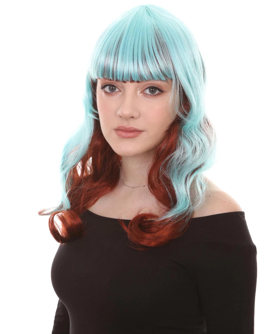 HPO Women's Long Wavy Blue & Brown Womens Wig | Fancy Party Event Ready Halloween Wig | Premium Breathable Capless Cap