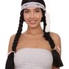 HPO Native American Princess Wig With Headband | Black Braided Historical Wigs | Premium Breathable Capless Cap Women's