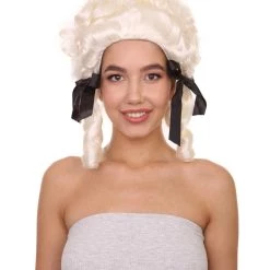 HPO Womens 18th Century Colonial Wig | White Historical Wigs | Premium Breathable Capless Cap