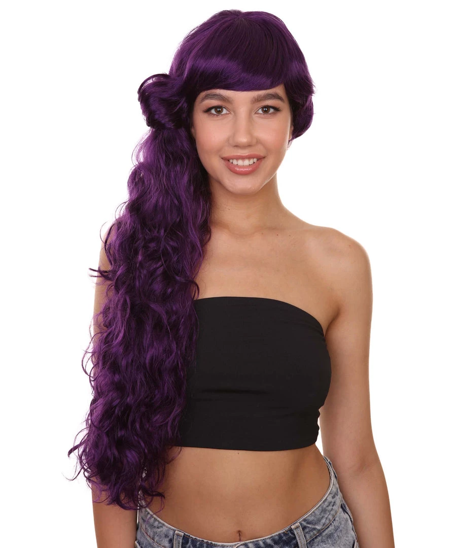 HPO 26" Long Wavy Womens Wig | Purple Halloween Wig | Premium Breathable Capless Cap Women's