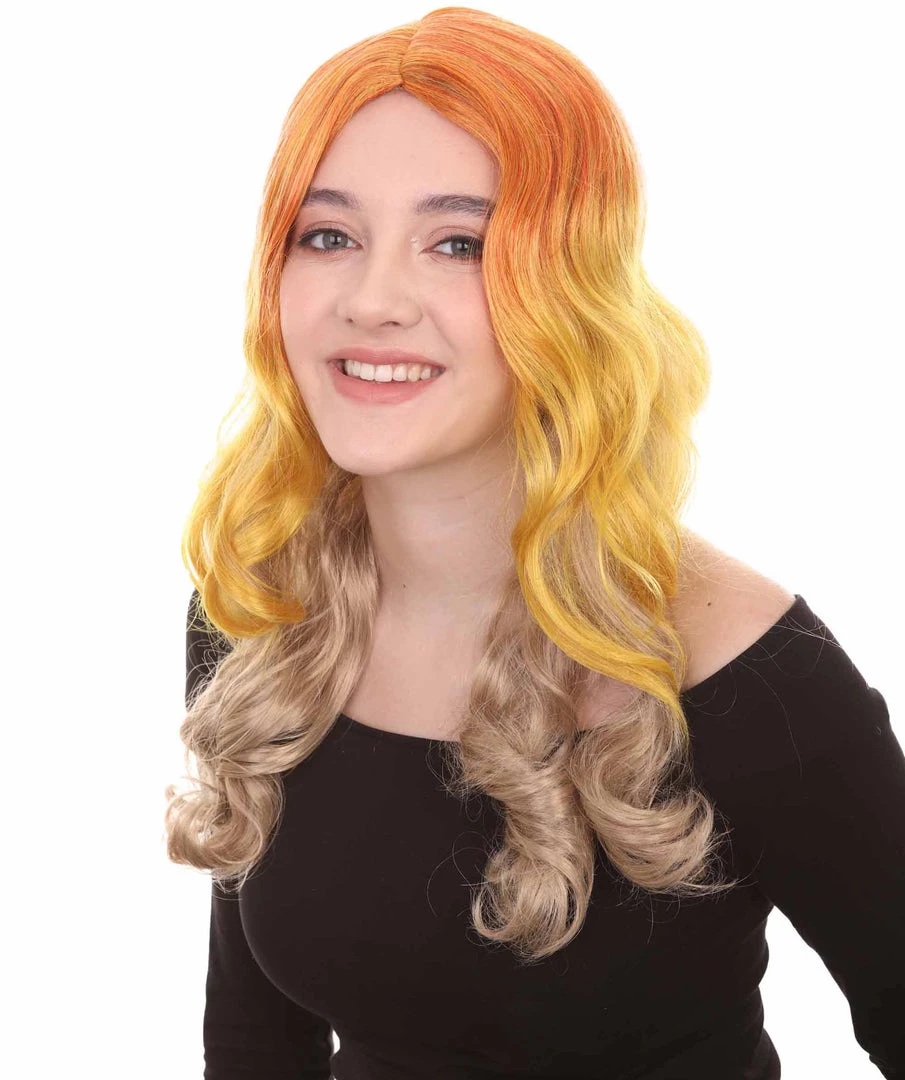 HPO Two-Tone Long Wavy Orange Womens Wig | Sexy Cosplay Party Halloween Wig | Premium Breathable Capless Cap Women's