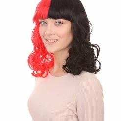 HPO Half Red And Half Black Long Curly Anime Womens Wigs | Cartoon Stage/Event Fancy Halloween Wig | Premium Breathable Capless Cap Women's