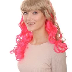 HPO Women's Long Wavy Blonde & Pink Womens Wig | Fancy Party Event Ready Halloween Wig | Premium Breathable Capless Cap