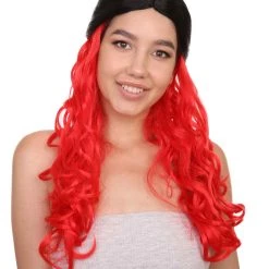 HPO Black And Red Long Wavy Womens Wig | Cosplay Halloween Wig | Premium Breathable Capless Cap