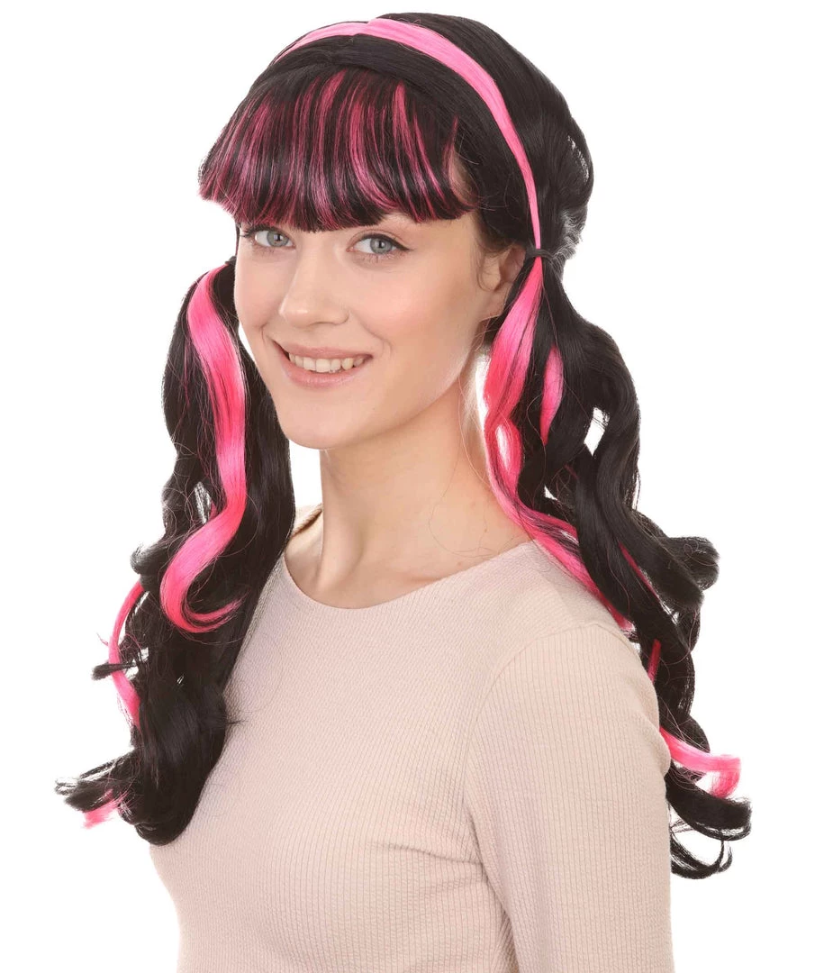 HPO Womens Dracula Ponytails Curly Wig | Black & Pink TV/Movie Wigs | Premium Breathable Capless Cap Women's