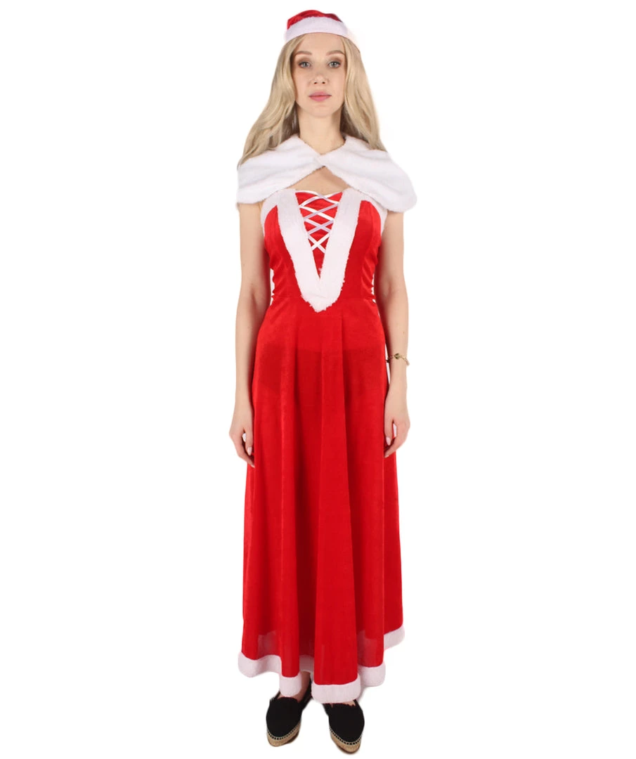 HPO Men's Adult Women Luxury Miss Santa Costume | Red & White Christmas Costume