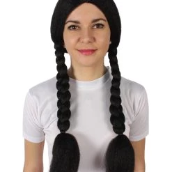 BC Adult Women's Black Color Braided Pigtails Shoulder Length Trendy Wednesday Wig | Breathable Standard Cap