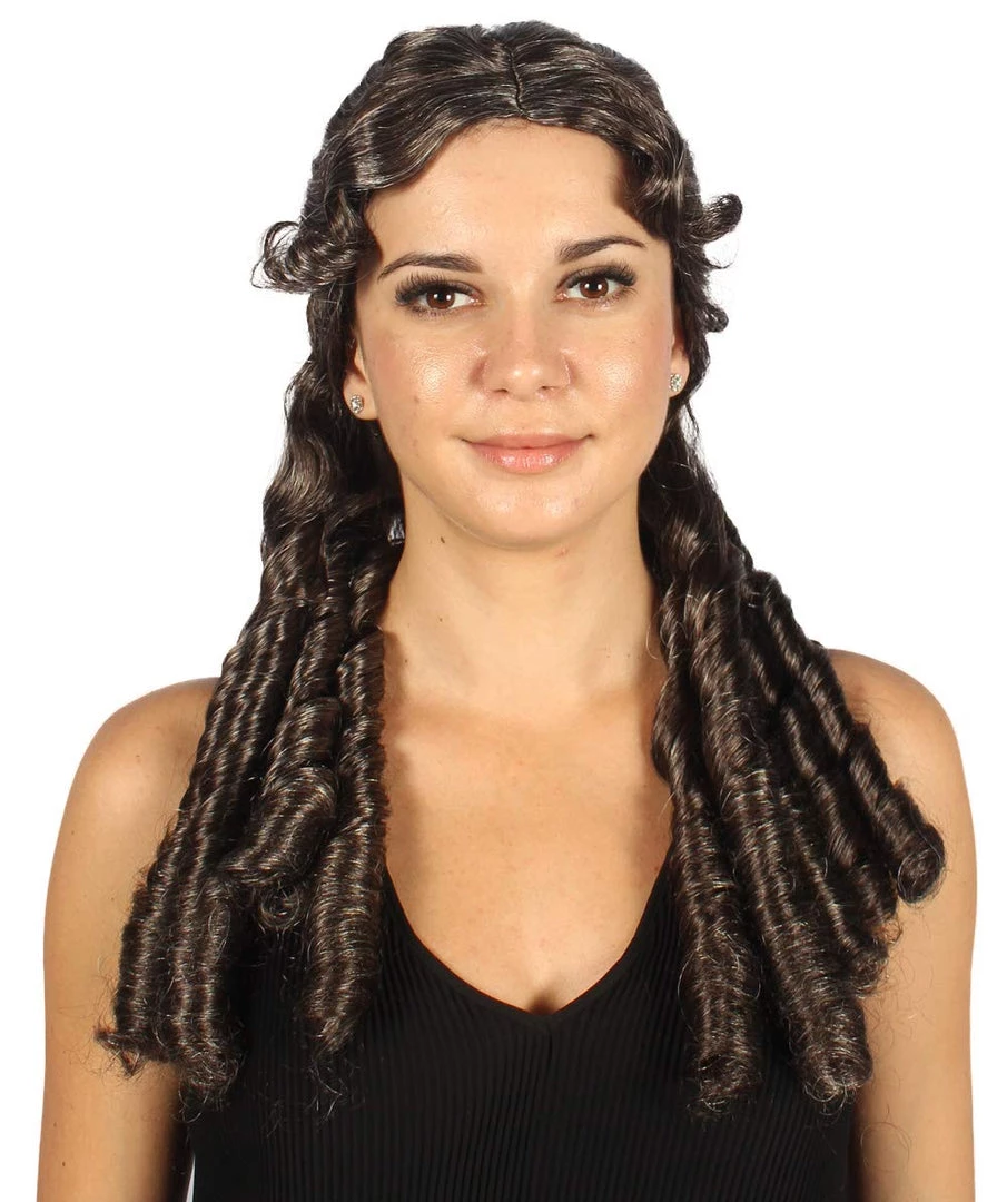 HPO Womens Colonial Lady Wig | Dark Brown Curly Historical Wigs | Premium Breathable Capless Cap