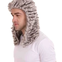 HPO Mens Colonial Curly Grey Historical Judge Wig | Premium Breathable Capless Cap Men's