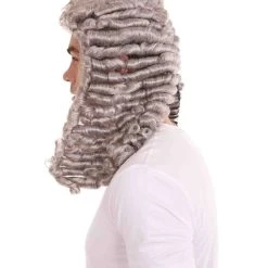 HPO Mens Colonial Curly Grey Historical Judge Wig | Premium Breathable Capless Cap Men's