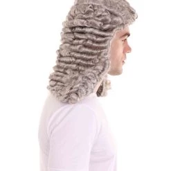 HPO Mens Colonial Curly Grey Historical Judge Wig | Premium Breathable Capless Cap Men's