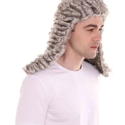 HPO Mens Colonial Curly Grey Historical Judge Wig | Premium Breathable Capless Cap Men's