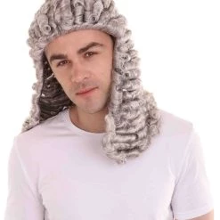 HPO Mens Colonial Curly Grey Historical Judge Wig | Premium Breathable Capless Cap Men's