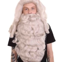 HPO Professional Mens Santa Wig And Full Beard Set | Grey Holiday Wigs | Premium Breathable Capless Cap Men's