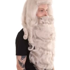 HPO Professional Mens Santa Wig And Full Beard Set | Grey Holiday Wigs | Premium Breathable Capless Cap Men's