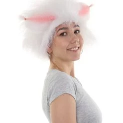 HPO Victoria, White Fluffy Cat Womens Wig With Pink Ears | Premium Breathable Capless Cap Women's