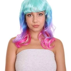 HPO Women's Shoulder Length Wavy Bisexual Flag Multi Color Wig - Pink, Purple And Blue Color Hair - Capless Cap Design