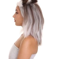 HPO Furry Dog Collection | Women's White And Brown Straight Furry Dog Costume Cosplay Wig | Premium Breathable Capless Cap