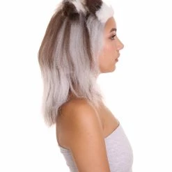 HPO Furry Dog Collection | Women's White And Brown Straight Furry Dog Costume Cosplay Wig | Premium Breathable Capless Cap