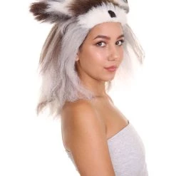 HPO Furry Dog Collection | Women's White And Brown Straight Furry Dog Costume Cosplay Wig | Premium Breathable Capless Cap