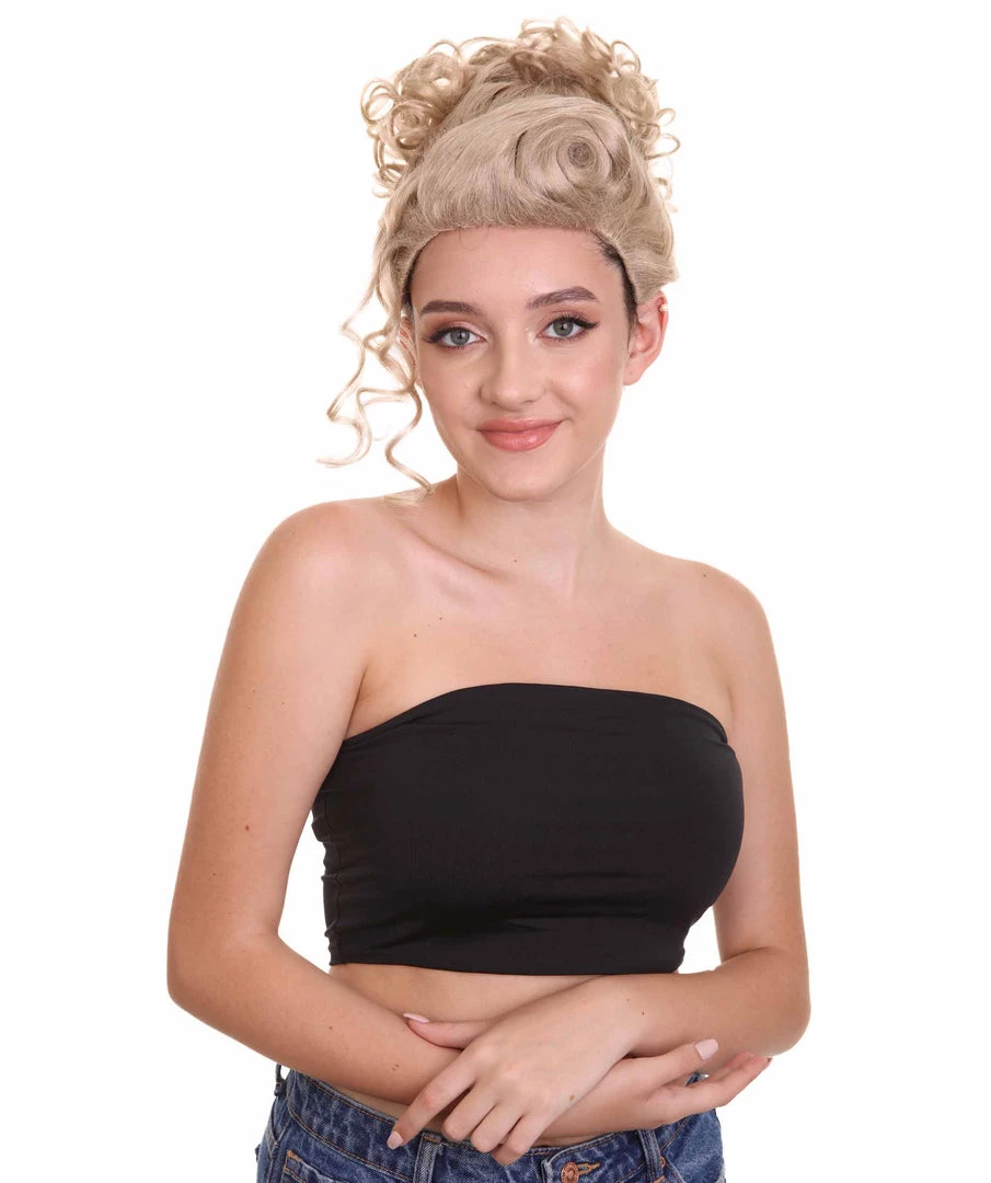 HPO Womens Short Length Blonde Curly Pinned Up Calm Down Cosplay Wig | Premium Breathable Capless Cap Women's