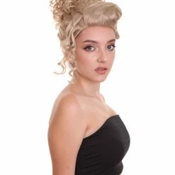 HPO Womens Short Length Blonde Curly Pinned Up Calm Down Cosplay Wig | Premium Breathable Capless Cap Women's