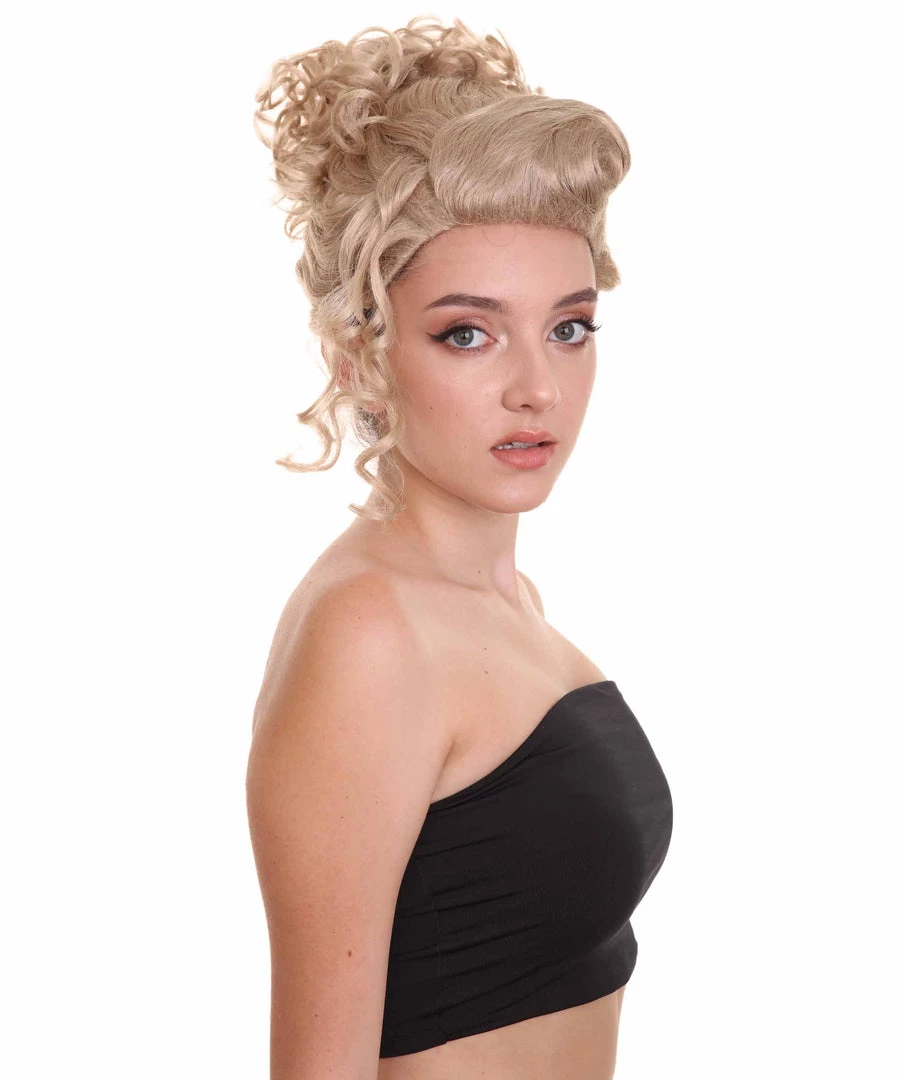 HPO Womens Short Length Blonde Curly Pinned Up Calm Down Cosplay Wig | Premium Breathable Capless Cap Women's