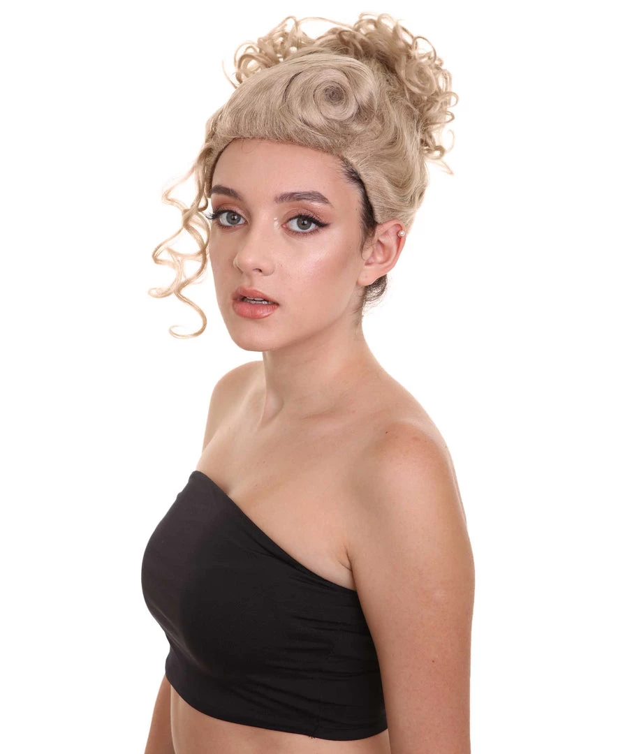 HPO Womens Short Length Blonde Curly Pinned Up Calm Down Cosplay Wig | Premium Breathable Capless Cap Women's