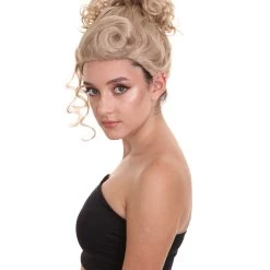 HPO Womens Short Length Blonde Curly Pinned Up Calm Down Cosplay Wig | Premium Breathable Capless Cap Women's