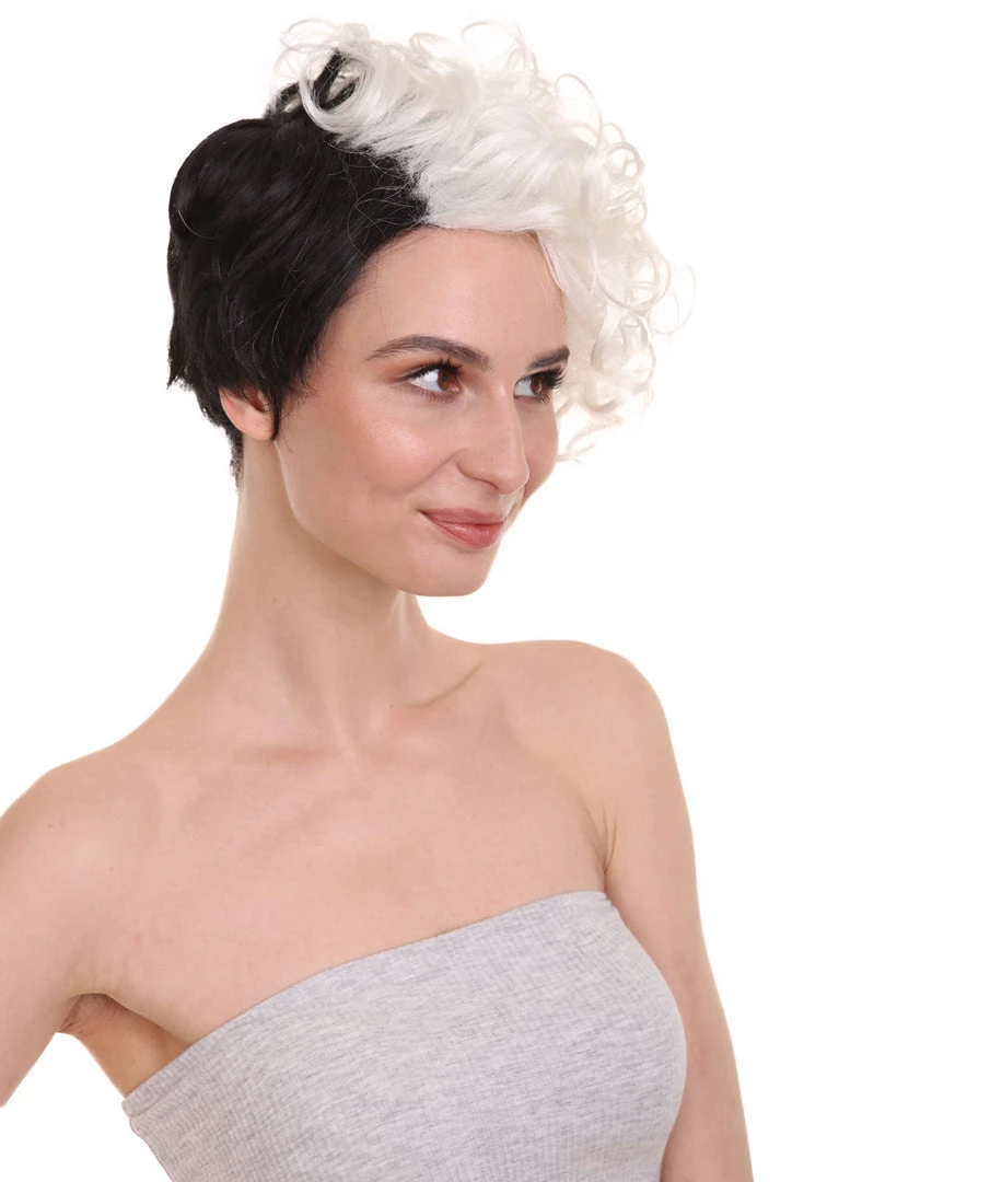 HPO Womens Wig TV/Movie Short Black & White Fancy Cosplay Halloween Wig | Premium Breathable Capless Cap