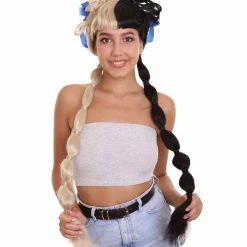 Women's HPO Mini Bun Halo With Two Tone Pigtails And Sky Blue Ribbons - Babydoll Blonde And Black Bubble Ponytails Wig