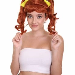HPO Women's Shoulder Length Red Head Pigtails With Yellow Ribbons Wig | Premium Breathable Capless Cap
