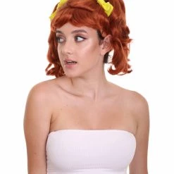 HPO Women's Shoulder Length Red Head Pigtails With Yellow Ribbons Wig | Premium Breathable Capless Cap